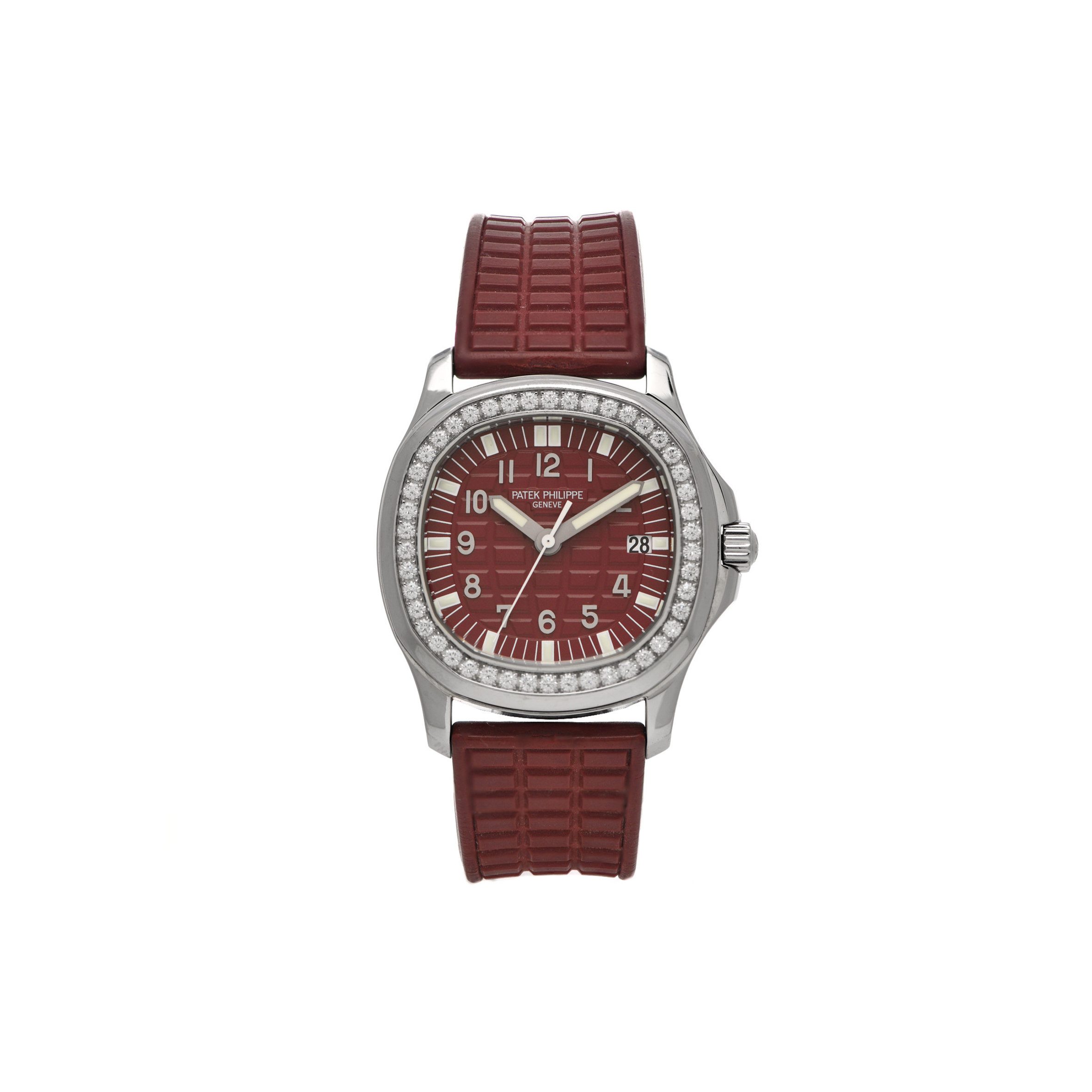 PATEK PHILIPPE STAINLESS STEEL RUBBER DIAMOND 37MM AQUANAUT QUARTZ 36MM WATCH BURGUNDY  5067A-010